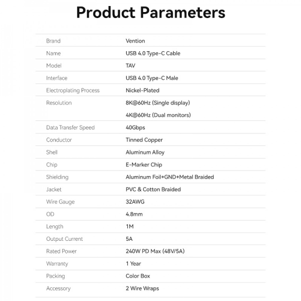 Imagen extra Vention Cable USB-C 4.0 Macho a USB-C Macho - 1m - Gris