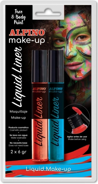 Alpino Make-up Liquid Liner Pack con 2 Botes de Maquillaje Liquido con Aplicador. Azul y Rojo
