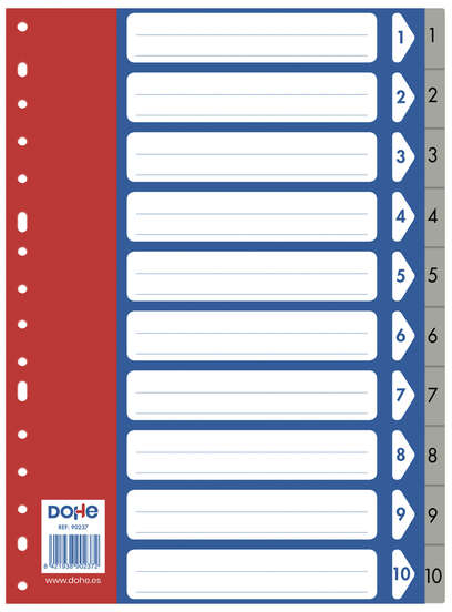 Separadores plastico 1-10 en A4 - 120 Micras - Polipropileno Resistente - Multitaladro de 16 Perforaciones - Bolsa Autoadhesiva Individual. Dohe 