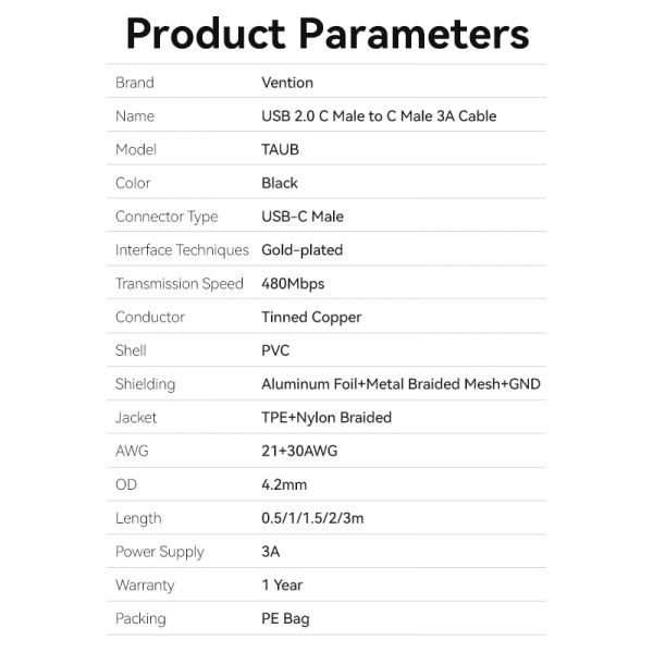 Imagen extra Vention Cable USB-C Macho a USB-C Macho 3A 60W LED - 3m Algodon Trenzado Negro