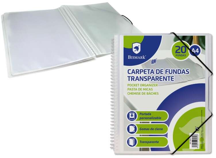 Bismark Carpeta Espiral con 20 Fundas Transparentes A4 Portada Personalizable y Cierre con gomas