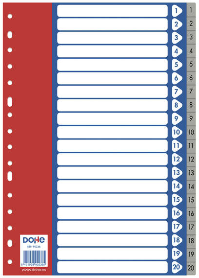 Separadores plastico 1-20 FOLIO - 120 Micras - Multitaladro de 16 Perforaciones - Bolsa Autoadhesiva Individual. Dohe 