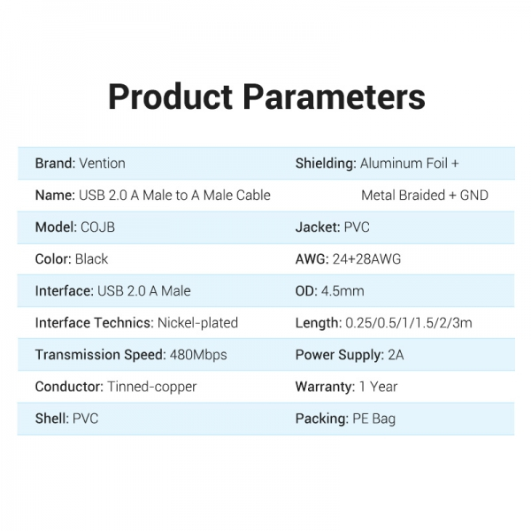 Imagen extra Vention Cable USB 2.0 Macho a USB Macho - 50cm - Negro