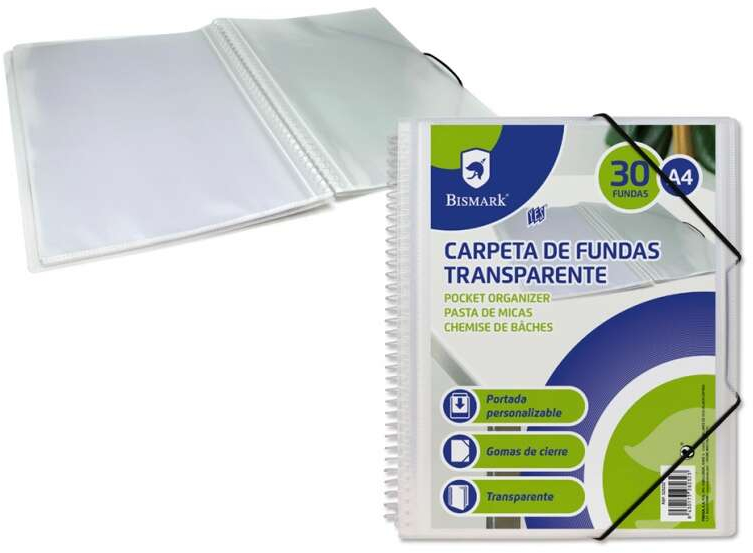 Bismark Carpeta Espiral con 30 Fundas Transparentes A4 Portada Personalizable y Cierre con gomas