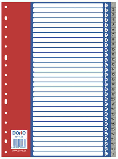 Separadores plastico 1-31 en A4 - 120 Micras - Multitaladro de 16 Perforaciones - Bolsa Autoadhesiva Individual. Dohe 