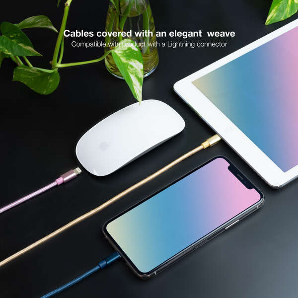 Imagen extra Nanocable Pack de 3 Cables Mallados USB-A Macho a Lightning Macho - 1m - Colores Rosa, Dorado y Azul