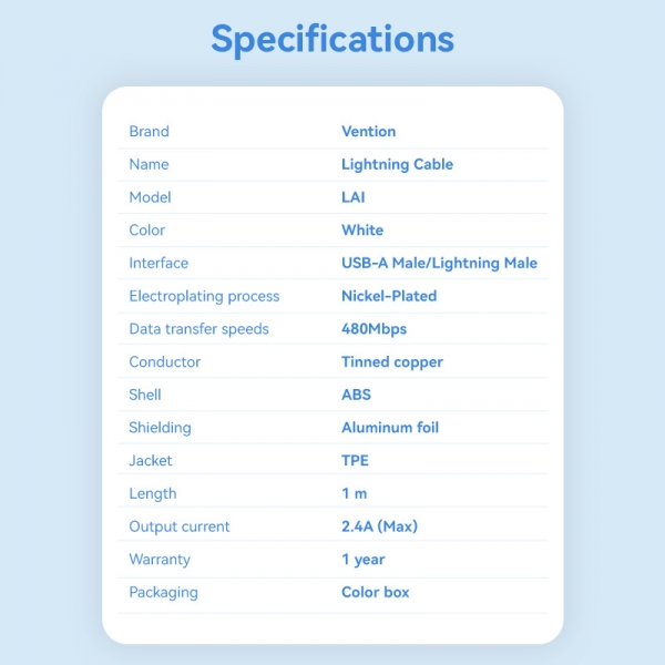 Imagen extra Cable USB Macho a Lightning Macho 3A - 1 metro. Blanco