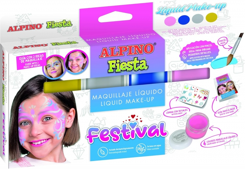 Alpino Fiesta Festival Pack de 4 Botes de Maquillaje Liquido de Diferentes Colores + Pincel + Guia de Ideas
