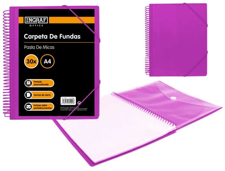 Ingraf Carpeta 30 Fundas Espiral A4 + Sobre con Broche. Morado