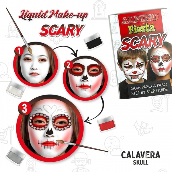 Imagen extra Alpino Fiesta Scary Pack de 4 Botes de Maquillaje Liquido de Diferentes Colores + Pincel + Guia de Ideas