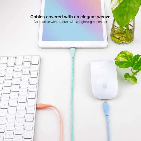 Imagen extra Nanocable Pack de 3 Cables Mallados USB-A Macho a Lightning Macho - 1m - Colores Pastel Rosa, Verde y Azul