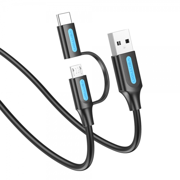 Imagen extra Vention Cable USB 2.0 Macho a MicroUSB+USB-C Macho - 3A - 60W - 480Mbps - 1m - Negro
