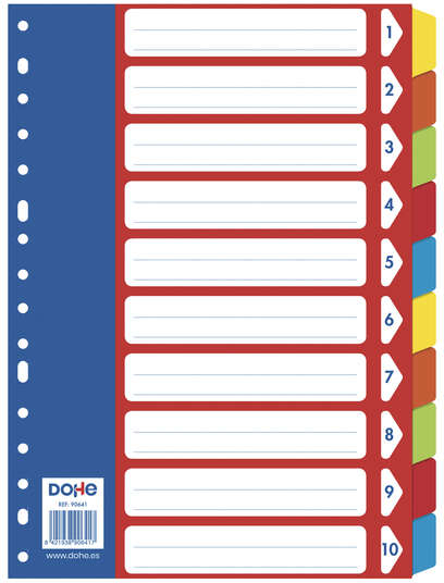 Separadores carton Colores 10 apartados A4 Indice - Multitaladro de 16 Perforaciones - Bolsa Autoadhesiva Individual. Dohe 