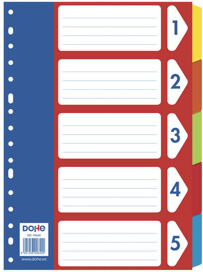 Separadores carton 5 Colores A4 - 180gr con Multitaladro de 16 Perforaciones - Bolsa Autoadhesiva Individual. Dohe 