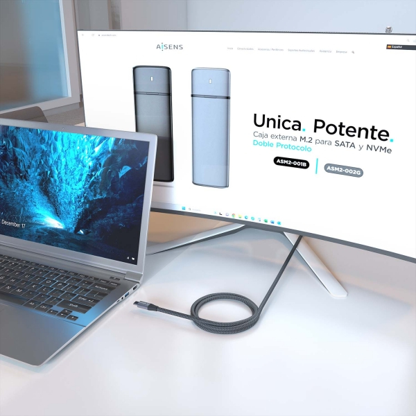 Imagen extra Aisens Cable USB 3.2 Gen2x2 Aluminio 20Gbps 8K@30Hz 5A 100W E-Mark - Tipo USB-C Macho-Macho - 3m - Gris