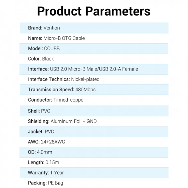 Imagen extra Vention Cable OTG USB 2.0 MicroUSB Macho a USB-A Hembra - 0.15m - Negro