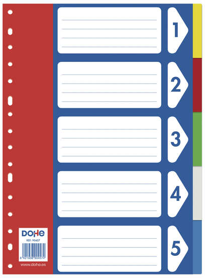 Separadores plastico 5 Colores A4- 120 Micras - Multitaladro de 16 Perforaciones - Polipropileno Resistente - Bolsa Autoadhesiva Individual. Dohe 