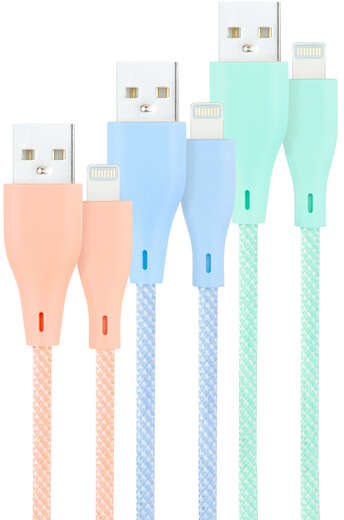 Nanocable Pack de 3 Cables Mallados USB-A Macho a Lightning Macho - 1m - Colores Pastel Rosa, Verde y Azul