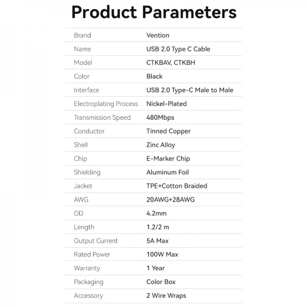 Imagen extra Vention Cable USB-C Macho a USB-C Macho - 2m - 5A - PD100W - Negro