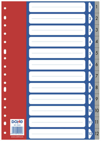 Separadores plastico 1-12 FOLIO - 120 Micras - Multitaladro de 16 Perforaciones - Bolsa Autoadhesiva Individual. Dohe 