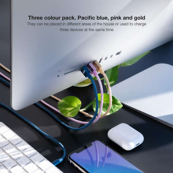 Imagen extra Nanocable Pack de 3 Cables Mallados USB-A Macho a Lightning Macho - 1m - Colores Rosa, Dorado y Azul