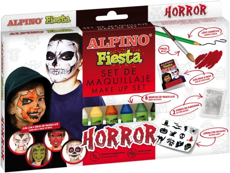 Alpino Fiesta Horror Pack de Maquillaje con 6 Barritas de Pintura Facial + Pincel + Tatuajes en Calcomania + Lapiz Perfilador y 2 Sobres de Purpurina
