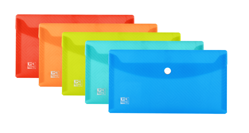 OXFORD PACK 5 Sobres DL polipropileno (220x110mm aprox), cierre de Broche. Colores surtidos