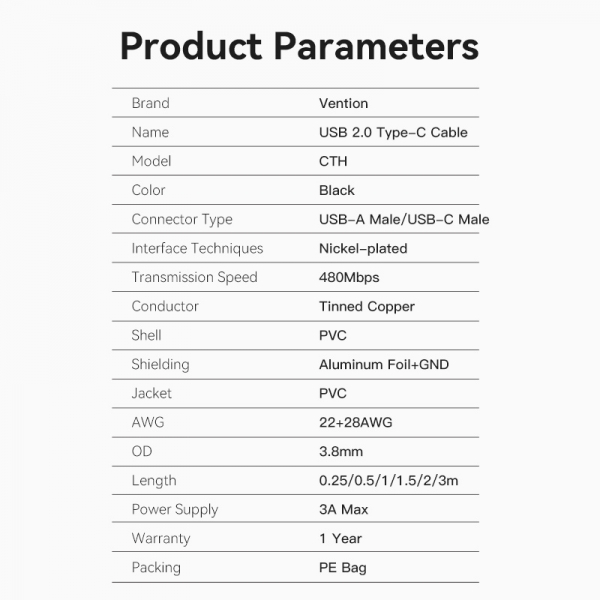 Imagen extra Vention Cable USB-A Macho a USB-C Macho - 0.25m - 3A - 60W - 480Mbps - Negro