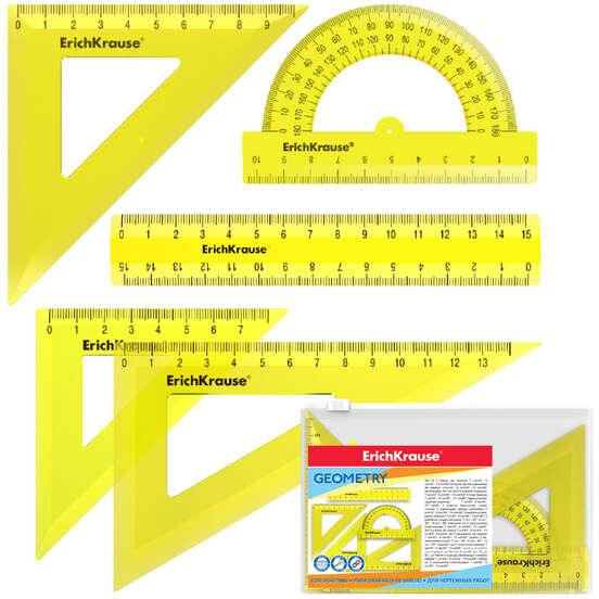Set de reglas (Regla de 15 cm - Escuadras de 7cm, 9cm y 13cm - Transportador de angulos 10 cm). Colores surtidos