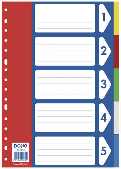 Separadores plastico 5 Colores FOLIO - 120 Micras - Multitaladro de 16 Perforaciones - Bolsa Autoadhesiva Individual. Dohe 