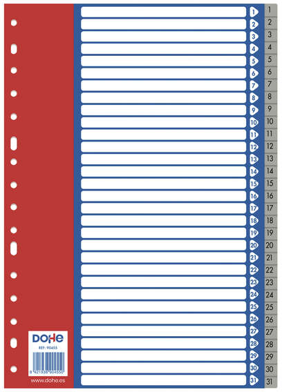 Separadores plastico 1-31 FOLIO - 120 Micras - Multitaladro de 16 Perforaciones - Bolsa Autoadhesiva Individual. 