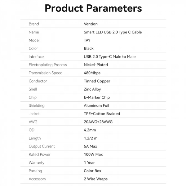 Imagen extra Vention Cable USB-C Macho a USB-C Macho - 1.2m 5A PD100W con Pantalla LED - Negro