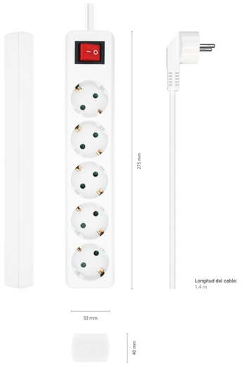 Imagen extra Regleta con Interruptor de 5 enchufes y protección infantil. 1.40 metros. Blanco