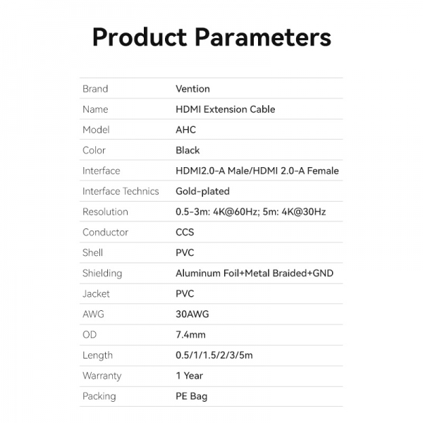 Imagen extra Vention Cable Alargador HDMI Macho a HDMI Hembra 2.0 4K - 1m - 