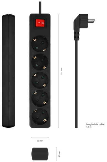 Imagen extra Regleta con Interruptor de 5 enchufes y protección infantil. 1.40 metros. Negro