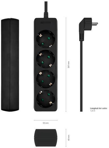 Imagen extra Regleta de 4 Tomas, cable de 1.4 metros. Negro
