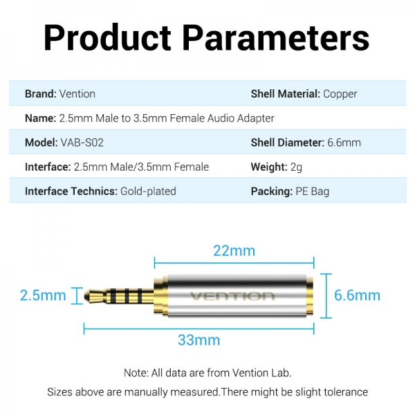 Imagen extra Vention Adaptador Jack 2.5 Macho a Jack 3.5 Hembra (1 unidad)