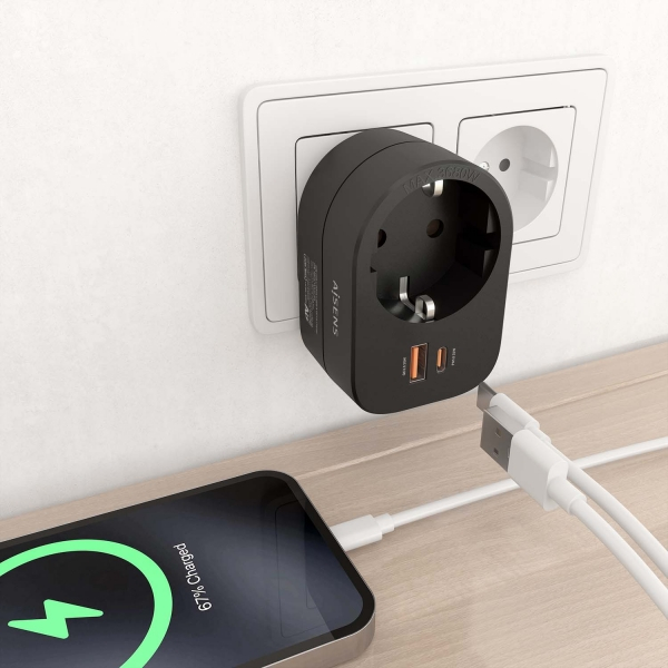 Imagen extra Regleta de Pared Multifuncion con Enchufe + 1xUSB-C 20W PD3.0 - 1xUSB-A 20W QC3.0 