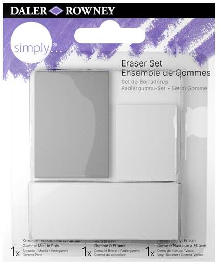 Daler Rowney Simply Pack de 3 Gomas de Borrar para Dibujo - Estandar, Miga de Pan y Goma Plastica