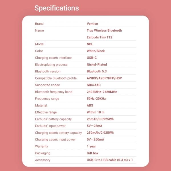 Imagen extra Vention Auriculares Bluetooth 5.3 con 6h Autonomia - Tiny T12 - Negro