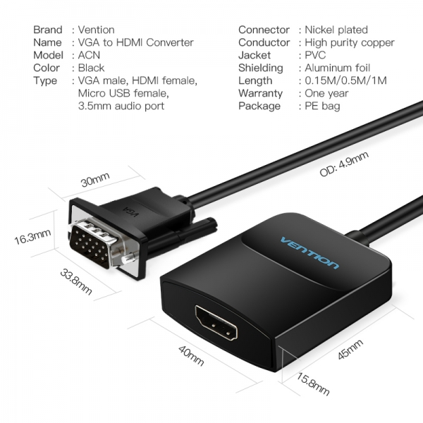 Imagen extra Vention Conversor VGA Macho a HDMI Hembra - 15cm - 