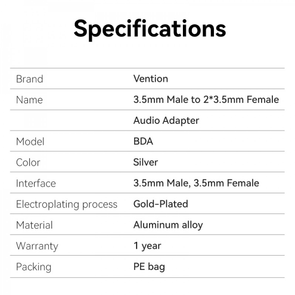 Imagen extra Vention Adaptador Audio Jack 3.5 Macho a 2x Jack 3.5 Hembra - Color Blanco