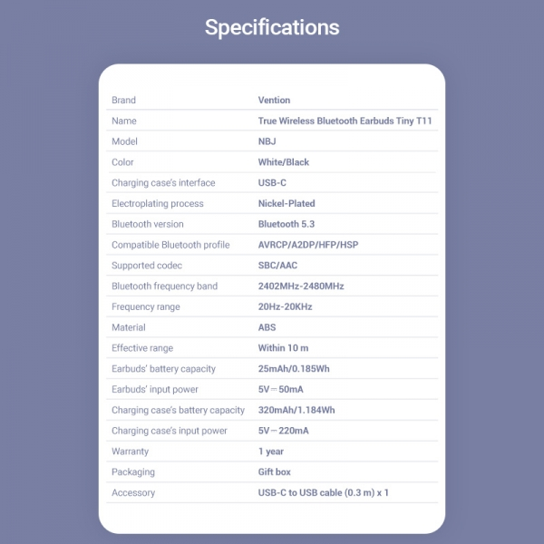 Imagen extra Vention Auriculares Bluetooth 5.3 con 8h Autonomia - Tiny T11 - Blanco