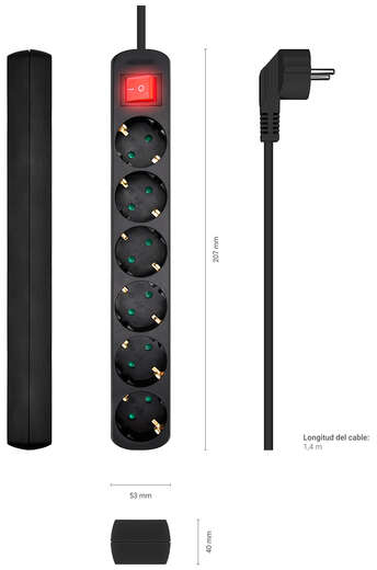 Imagen extra Regleta con Interruptor 6 enchufes Aisens. 1.50 metros. Negro
