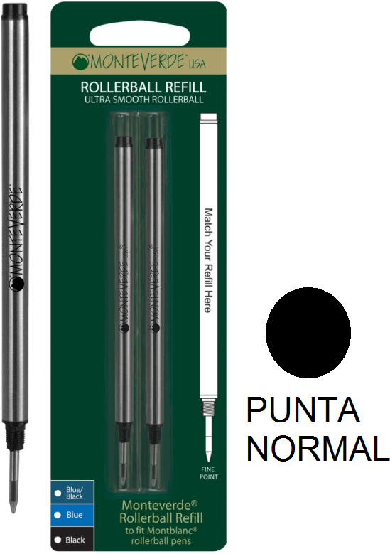 PACK 2 Recambios Roller Monteverde Compatible con Montblanc. Negro, Punta Media