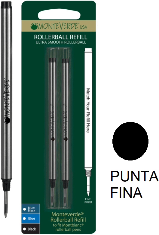PACK 2 Recambios Roller Monteverde Compatible con Montblanc. Negro, Punta Fina