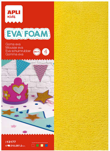 Apli Goma Eva Toalla - Medida A4 - 4 Hojas - Colores Rojo, Verde, Amarillo y Azul