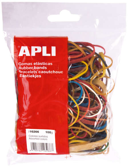 Gomas elasticas de colores y medidas variadas. Caja 100gr