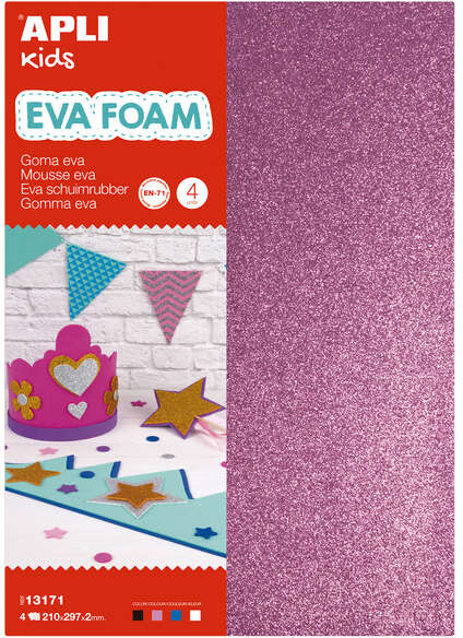 PACK 4 Goma Eva Purpurina A4. Colores Blanco, Negro, Rojo y Azul