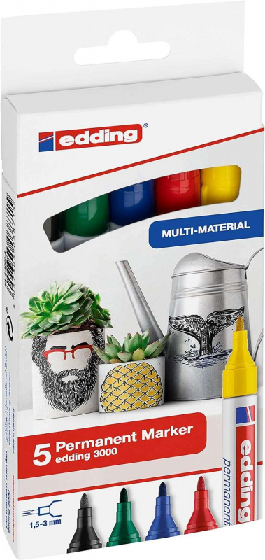 Edding 3000 Pack de 5 Rotuladores Permanentes - Punta Redonda de 1.5mm - Trazo entre 1.5 y 3mm - Recargable - Secado Rapido - Co